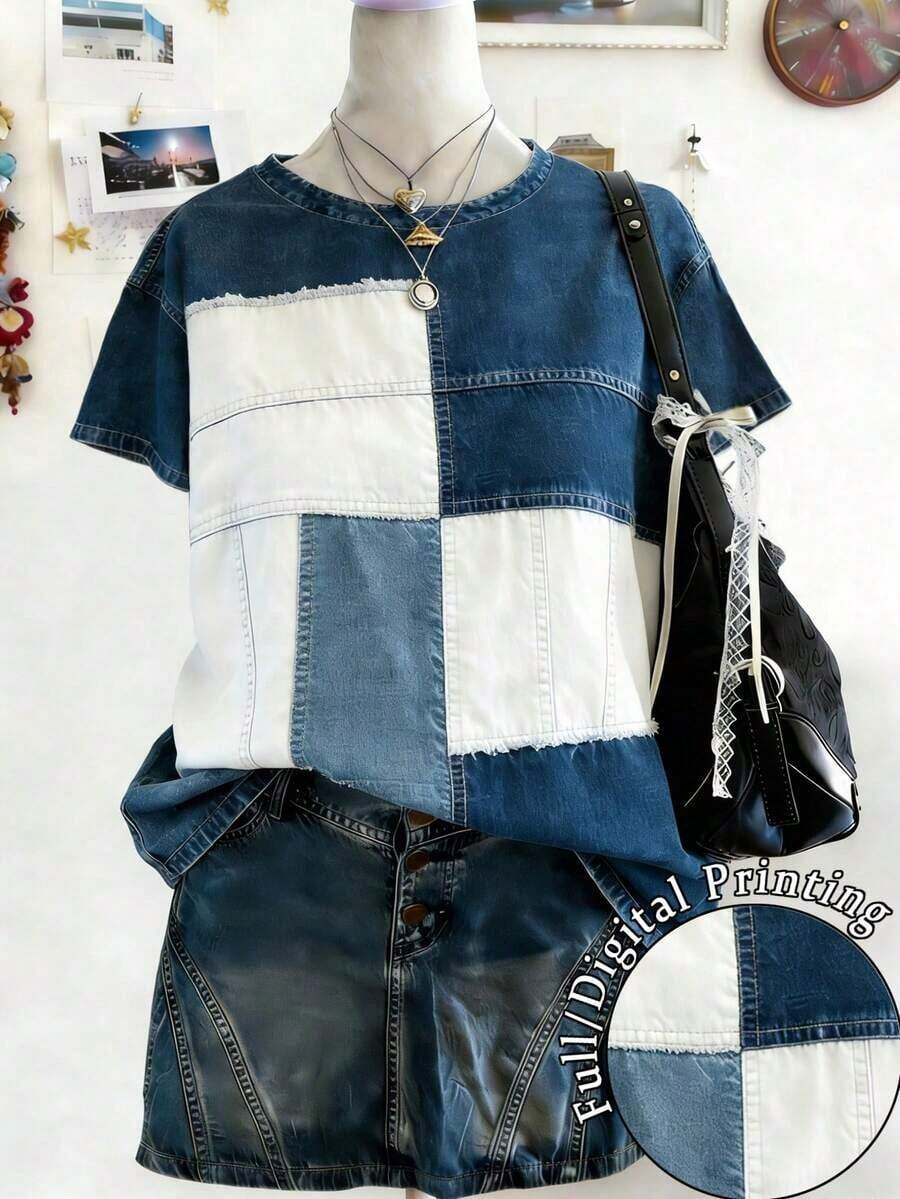 Camiseta casual de mujer con cuello redondo y mangas cortas, con efecto desgastado, versátil para uso diario - Multicolor 2 - Ver 1