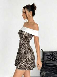 Vestido mini de punto negro y blanco con hombros descubiertos para mujer - Multicolor - Ver 7