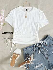 Camiseta tejida de canalé con fruncido lateral con cordón - Blanco - Ver 6