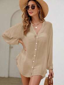 Holidaya Kimono unicolor con botón delantero - Caqui - Ver 8