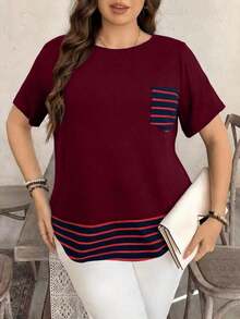 Camiseta casual de talla grande con bolsillo y rayas de contraste, prenda de vestir occidental estilo boho bohemio, top de festival de los 90, verano y primavera - Burdeos - Ver 4