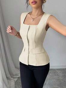 Blusa elegante de mujer con cuello cuadrado sin mangas, decoración con bolsillo falso, camisa ajustada de oficina, primavera/verano - amarillo ganso - Ver 7