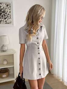 Vestido camisero de mujer de manga corta con rayas - Gris Claro - Ver 6