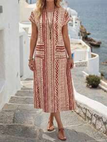 Vestido casual de mujer con estampado floral y manga corta, ideal para vacaciones de verano - Rojo - Ver 5