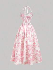 Vestido largo con estampado floral romántico con escote de cuello alto, para el Día de San Valentín, vestido de primavera, atuendo para brunch, atuendo para fiesta del té, atuendo para vacaciones en la playa, vestido floral para mujer, vestido v - Rosa - Ver 2