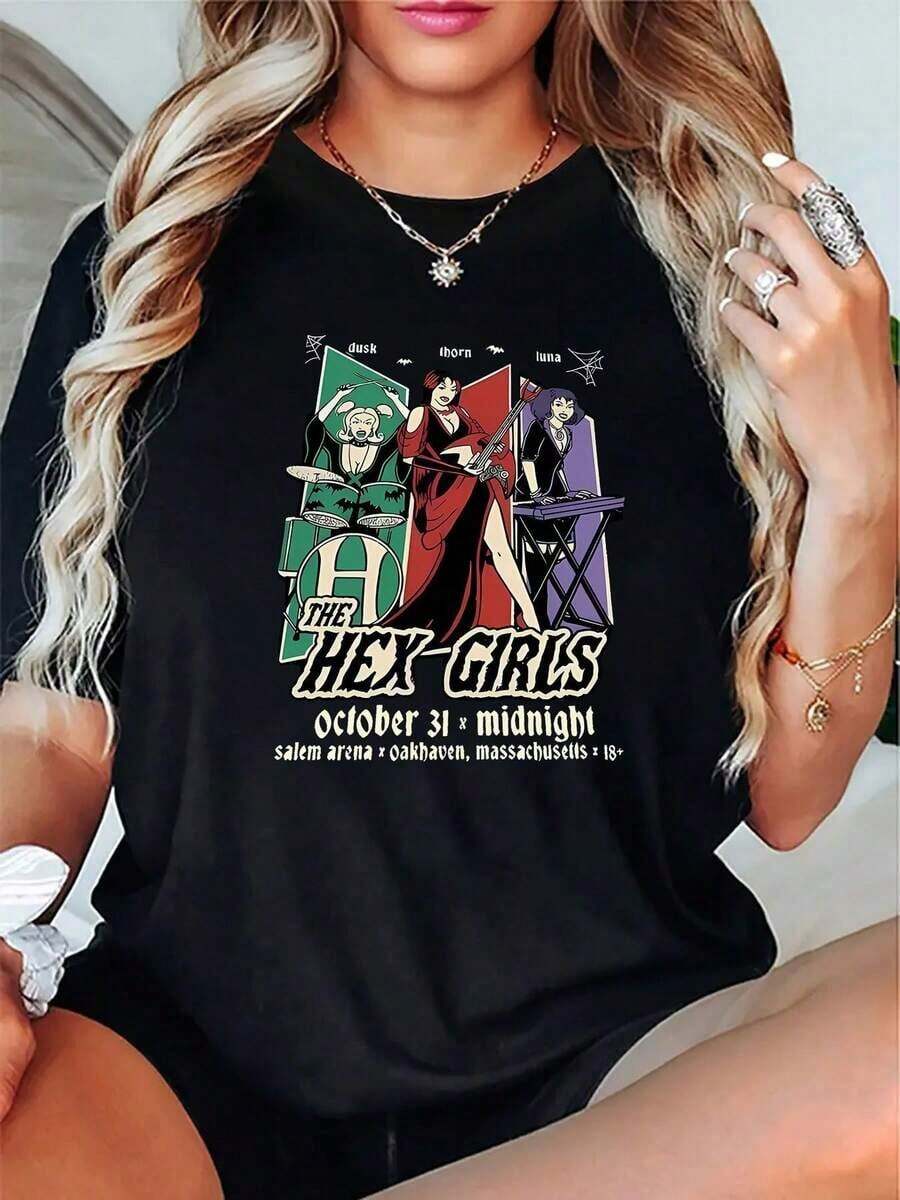 Six Sisters Print T-Shirt - Fun Cartoon-Style Design Featuring Three Iconic Characters, Perfect For Halloween And Everyday Casual Wear - A Great Gift For Friends And Family! Retro Style, Suitable For School And Everyday Wear, Modern Fashion, Streetwear, Holiday Wear, Vintage Style, Urban Fashion. Suitable For Spring, Summer, And Autumn. - 黑色 - 查看 1