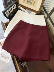 Pantalones cortos/falda/culotte/shorts de mujer de tela suave y texturizada de cintura alta con abertura, de estilo casual y versátil para uso diario, primavera/otoño - Rojo violeta - Ver 2