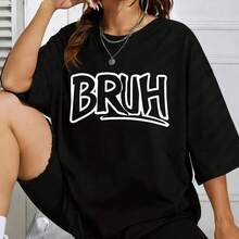 Women's Casual T-Shirt, BRUH Print T-Shirts, Fun, Short Sleeve, Cotton, Casual Graphic T-Shirt For Everyday Summer Wear, Gift For Her, 100% Cotton, Durable - 黑色 - 查看 7