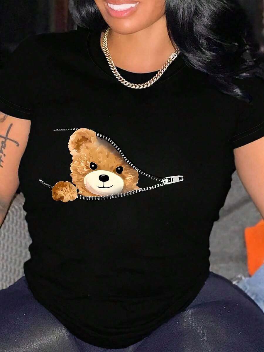 Camiseta con Estampado Gráfico de Oso, Manga Corta, Cuello Redondo, Top Casual para Verano y Primavera, Ropa de Mujer Transpirable y Cómoda - Negro - Ver 1