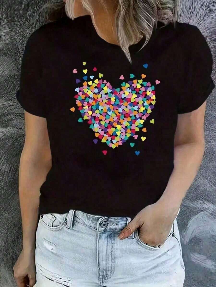 Limited Edition Women's Fashion New Women's Round Neck T-Shirt, Short Sleeve, Loose Fit, Casual And Versatile With Heart Print. Soft Fabric With A Good Drape. New Loose And Versatile Blouse. Lightweight Cotton - 黑色 - 查看 1