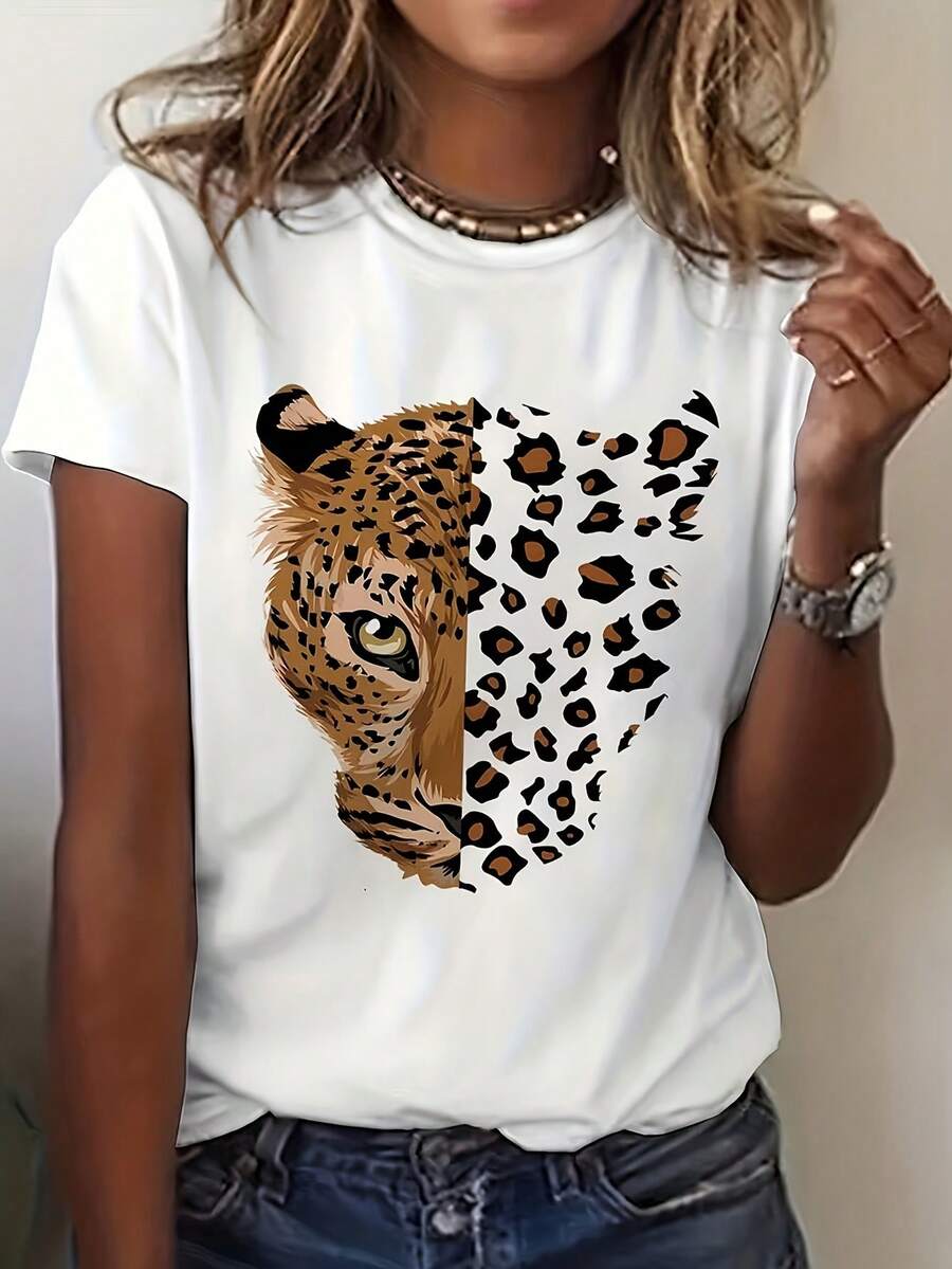 Women's Short-Sleeved T-Shirt With Vintage Leopard And Tiger Print, Casual Round Neck, Slightly Stretchy Fabric, Machine Washable, Ideal For Spring And Summer, Women's Clothing - 白色 - 查看 1