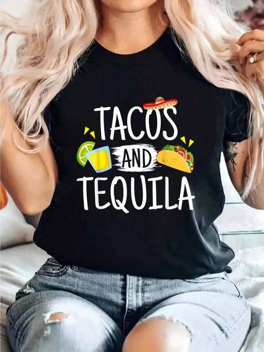 Highly Recommended: Funny "Tacos And Tequila" T-Shirt, Mexican T-Shirt With Sombrero, Gift T-Shirt, Women's Short Sleeve Round Neck Printed T-Shirt, Casual Summer Graphic T-Shirt For Women, Easy To Match. - 黑色 - 查看 1