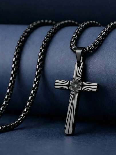 黑色十字架吊坠项链，不锈钢材质，黑色金属表面，旭日纹图案，男女皆宜，哥特朋克摇滚风格，信仰魅力，盒式链条，街头潮流礼物，送给男友/老公，日常佩戴，酷炫男士配饰。