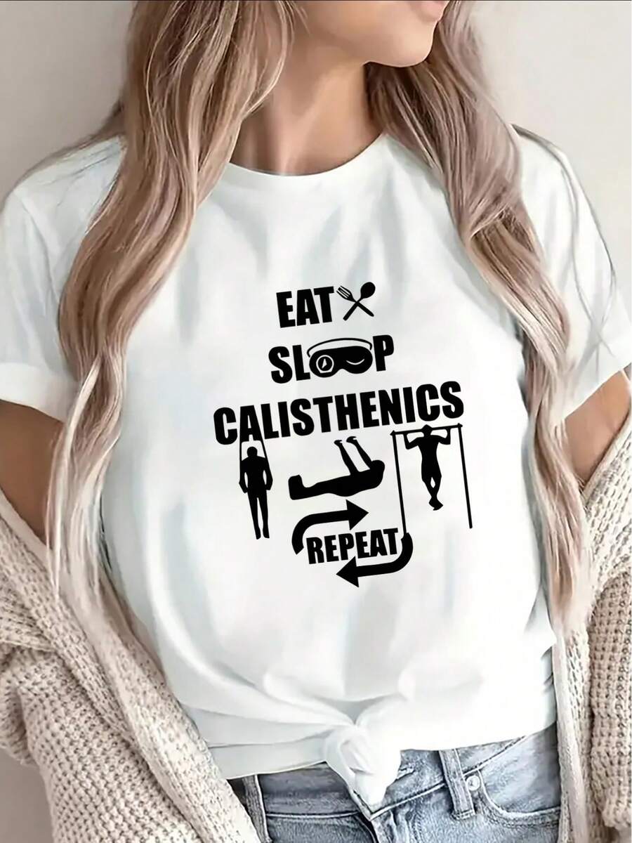 1 Lightweight And Durable Short-Sleeved T-Shirt, Suitable For Gym And Home Workouts, With The "Eat Sleep Calisthenics Repeat" Print, Perfect For Fitness Enthusiasts To Wear In Both Casual And Sporty Situations. 100% Cotton. - 白色 - 查看 1