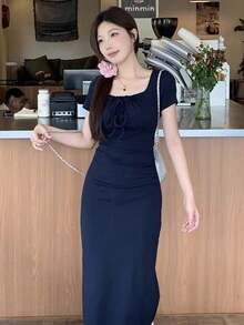 Y6Y Vestido elegante de corte ceñido y cuello cuadrado de talla media para mujer, de estilo primavera/verano en color azul francés - Azul - Ver 5