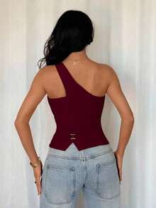 Blazer informal sin mangas de color albaricoque para mujer, conjunto de verano versátil - Rojo - Ver 2