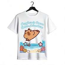 Tops para mujer de manga corta con cuello redondo, informal, de algodón, con diseño de capibara y aventura oceánica para mujer - Blanco - Ver 2