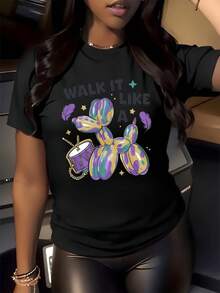 Colorful Balloon Dog Figure Accompanied By A Drum And Feathers Evoking Festive Joy And Modern Urban Rhythm; Comfortable Casual Women's T-Shirt For Everyday Wear - 黑色 - 查看 8