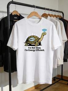 Men's 2D Design T-Shirt With A Wi-Fi Turtle Pattern And The Phrase "I'm Not Slow, I'm..." This Short-Sleeved, Crew-Neck T-Shirt Has A Relaxed Fit And Is Made From A Soft, Solid-Color Fabric, Making It Perfect For Everyday Wear. Loose And Comfortable - Specification - View 1