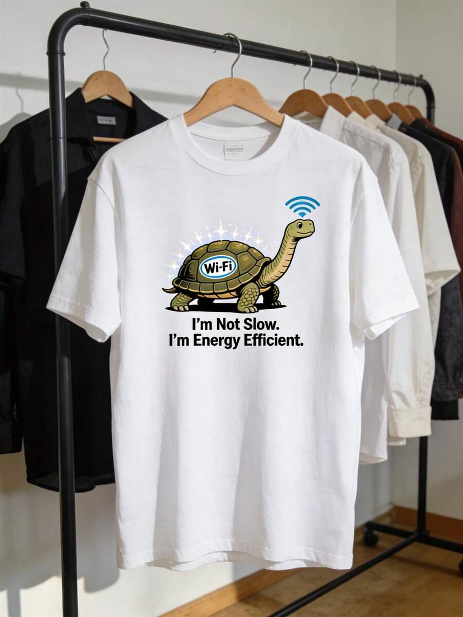 Men's 2D Design T-Shirt With A Wi-Fi Turtle Pattern And The Phrase "I'm Not Slow, I'm..." This Short-Sleeved, Crew-Neck T-Shirt Has A Relaxed Fit And Is Made From A Soft, Solid-Color Fabric, Making It Perfect For Everyday Wear. Loose And Comfortable - Specification - View 1