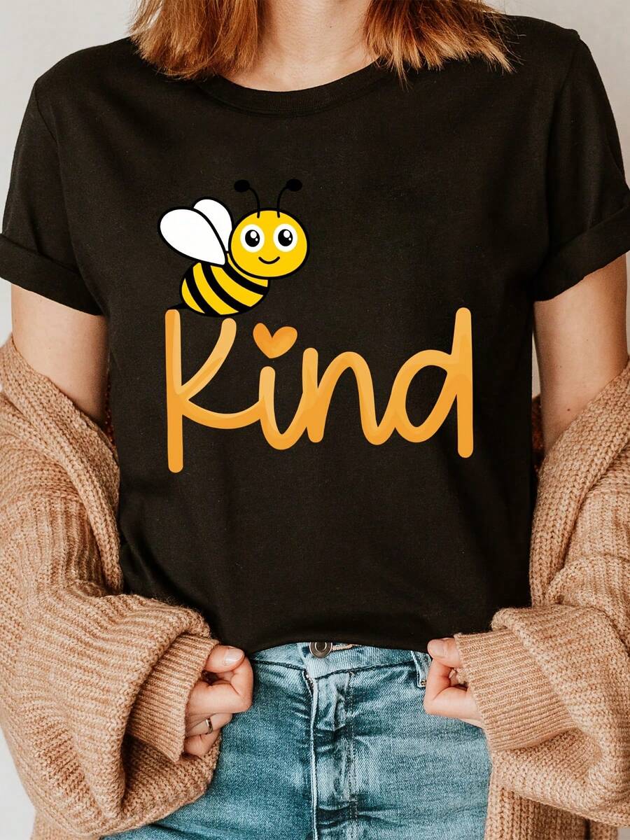 Camiseta de cuello redondo con estampado de letras y abejas, camiseta casual de manga corta para primavera y verano, ropa de mujer. - Negro - Ver 1
