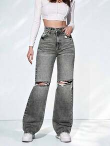 ICON Jeans desgarro de talle alto - Gris Claro - Ver 2
