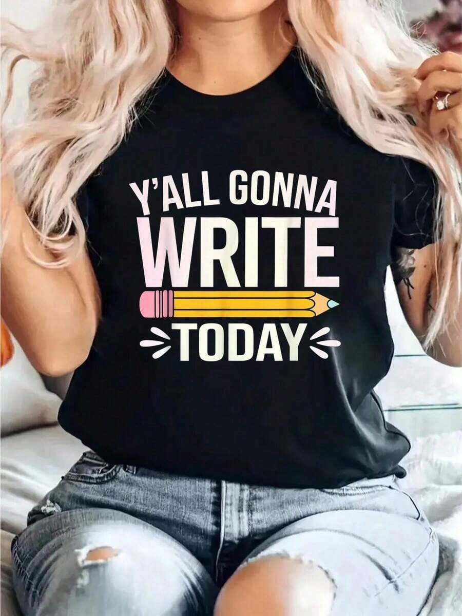 Today Everyone Will Write, Writing Teacher, Summer T-Shirts In English, Casual Short-Sleeved Round Neck Top For Summer And Spring, Women's Clothing, Loose T-Shirt, Casual And Versatile, Y2k T-Shirt. - 黑色 - 查看 1