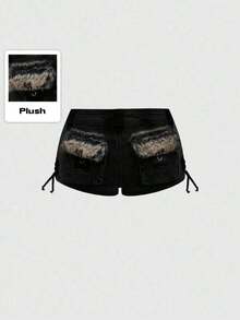 ROMWE Grunge Punk Shorts vaqueros de tiro súper bajo con parches, estilo Harajuku Gyaru Gal Y2K, de cintura súper baja y peludo - Negro - Ver 1