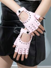 1 par de guantes de medio dedo de estilo punk unisex de unicolor con correa de remache de PU, adecuados para ciclismo al aire libre, deportes, actuaciones de baile callejero - Multicolor - Ver 9