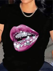 Women's T-Shirt With Purple Lips Print And Sparkling Diamond Effect, Sexy Design With Shiny Teeth, Heat Transfer Print, Modern Urban Short-Sleeved T-Shirt - 黑色 - 查看 1