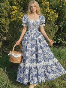 MOD Vestido largo de encaje blanco con volantes estilo victoriano vintage, vestido de fiesta, vestido de graduación, con exquisita mano de obra - Azul y blanco 2 - Ver 3