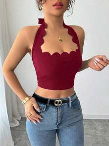 Top corto con escote halter, volantes y amarres en negro para mujer, ideal para vacaciones - Burdeos - Ver 4