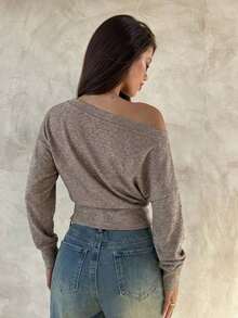 Top de manga larga asimétrico de hombro de punto de color albaricoque para mujer, otoño/invierno - Marrón - Ver 2
