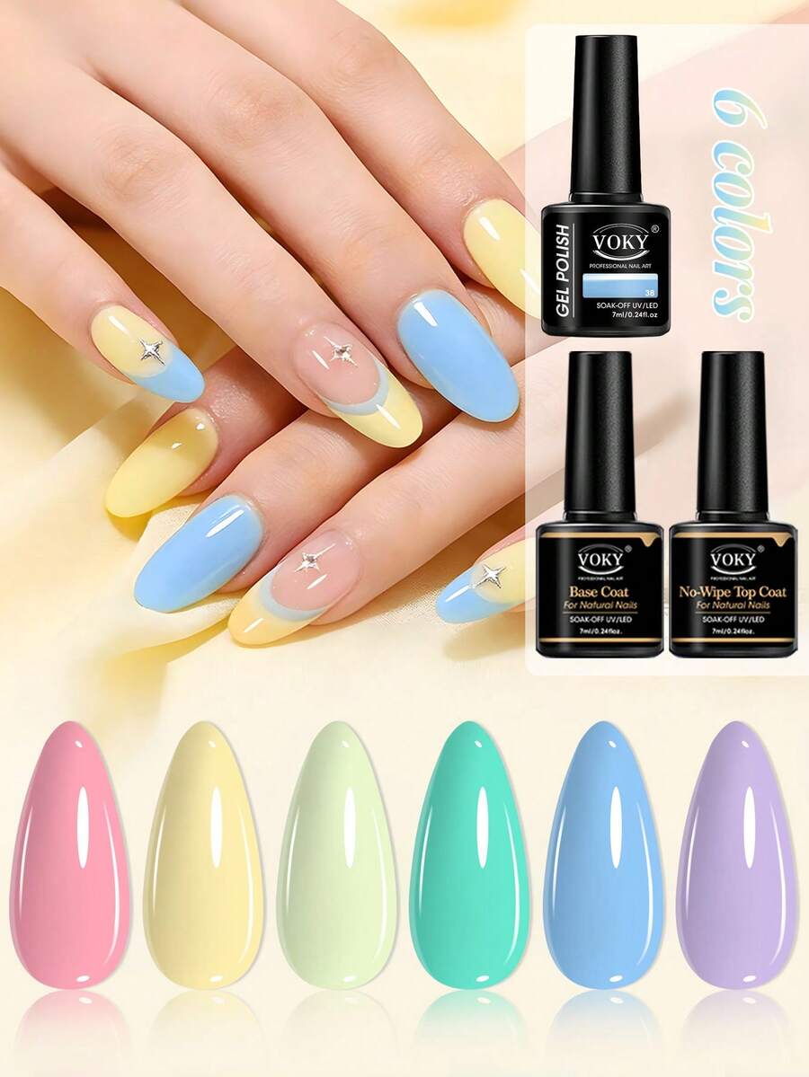 VOKY 8pcs Candy Color Nail Polish Set, Includes Base Coat And Top Coat, Easy To Apply, Nail Art Set, Professional Manicure Set, Perfect For Beginners