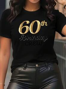 Camiseta de manga corta y cuello redondo para mujer con estampado de número dorado y caracteres ingleses en - Estilo casual Y, suave y transpirable, 95% fibra 5% 180G, diseño estampado, de manga largara otoño e invierno - Negro - Ver 2