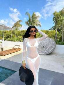 Vestido de manga larga con hombros descubiertos, de malla transparente y ajustado al Body, elegante para el verano - Blanco - Ver 5