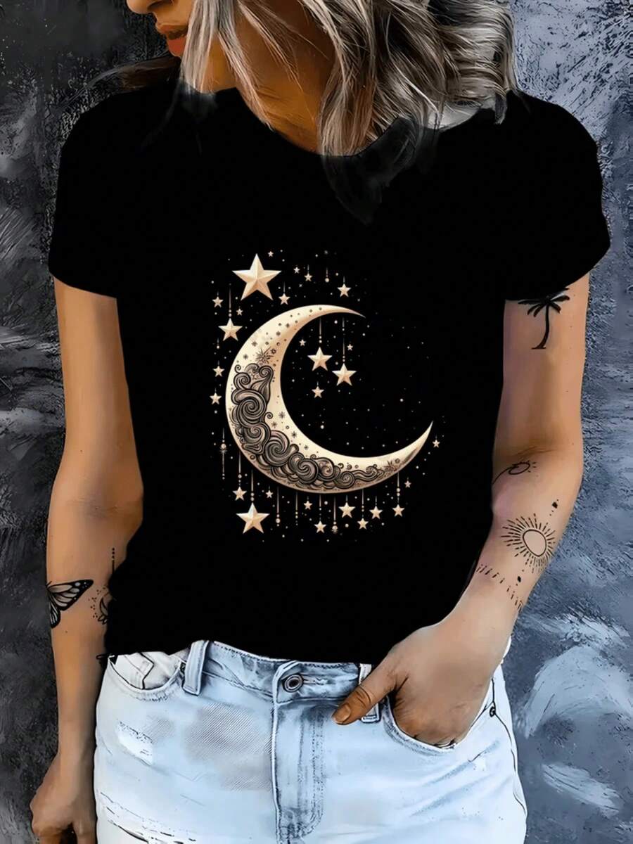 Top mujerLuna dorada con detalles artísticos rodeada de estrellas brillantes que simbolizan sueños y esperanza en una noche mágica camiseta de mujer moderna casual elegante cómoda para uso diarioTendencia 2026 - Negro - Ver 1