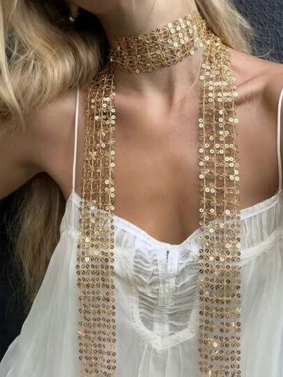 1PC Gold Sequin Floral Lace Scarf Necklace, Long Tassel Choker Scarf, Sparkly Boho Neck Accessory For Women, For Party, Wedding & Daily Wear