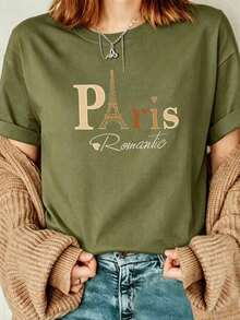 Edición Limitada: Camiseta Blanca Casual para Mujer con Estampado Romántico de la Torre de París, Hombros Caídos, Cuello Redondo, Manga Corta, Algodón Ligero - Verde militar - Ver 12
