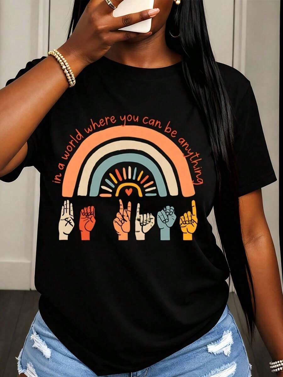Women's Short-Sleeved T-Shirt With A Graphic Print Of Rainbow Hands And Diversity In A World Where You Can Be Anything, For Everyday Casual Wear. Blouse, Shirt > Beautiful. - 黑色 - 查看 1