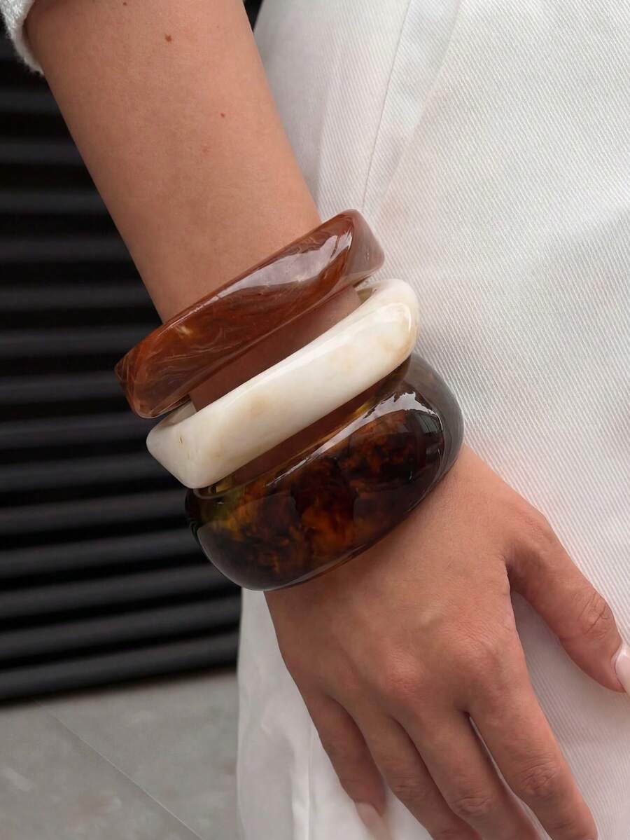 NAIZHU 1/3pcs Vintage Asymmetrical Resin Bracelet, European And American Daily, Date, Party Accessories For Women - Multicolor - View 1