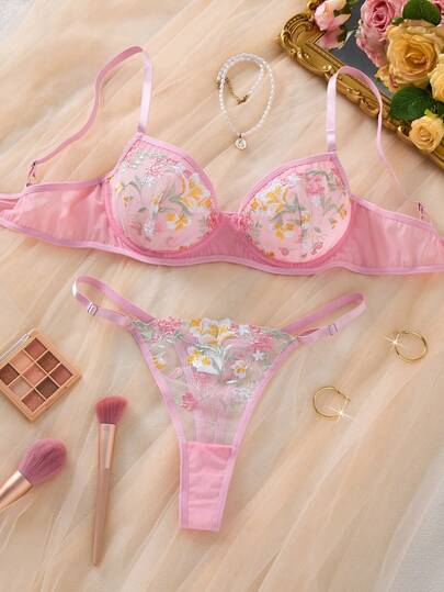 Women's 2 Pieces Set, Pink Floral Embroidered Sheer Mesh Underwire Bra And Thong Underwear Set