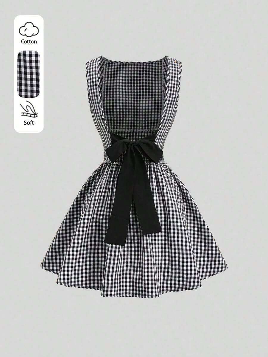 Vestido casual de mujer con cuello de barco, sin mangas, con estampado de cuadros, espalda descubierta, contraste de color, lazo en la cintura y silueta evasé, para primavera/verano - Blanco y Negro - Ver 1
