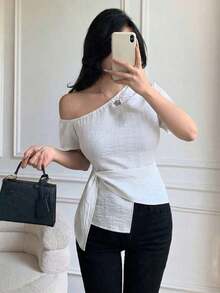 Blusa casual de ajuste ceñido con diseño de cuello con nudo en los hombros elegante para mujeres - Blanco - Ver 6