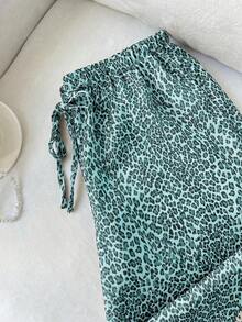 Pantalones anchos de pierna negros con diseño de estampado de leopardo retro elegante, pantalones rectos con cintura elástica con cordón, uso casual, vuelta al colegio - verde menta - Ver 3