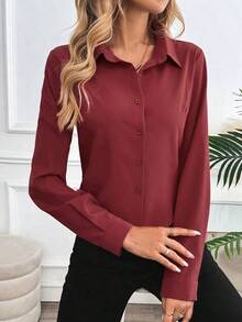 Blusa de unicolor informal para mujer para usar en el trabajo/diario, primavera-verano, con mangas largas - Burdeos - Ver 4