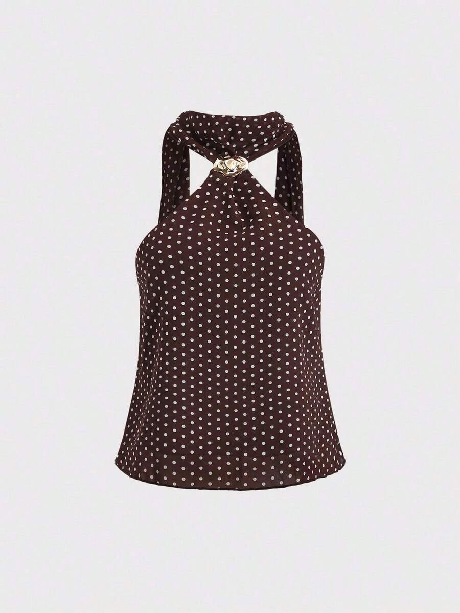 Top corto de tirantes con estampado de lunares lindo y encantador para mujer, para uso casual - Marrón - Ver 1