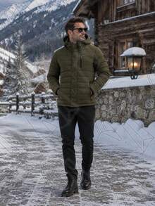 Men's Thermal And Lined Nylon Jacket With Removable Hood - Army Green - View 1