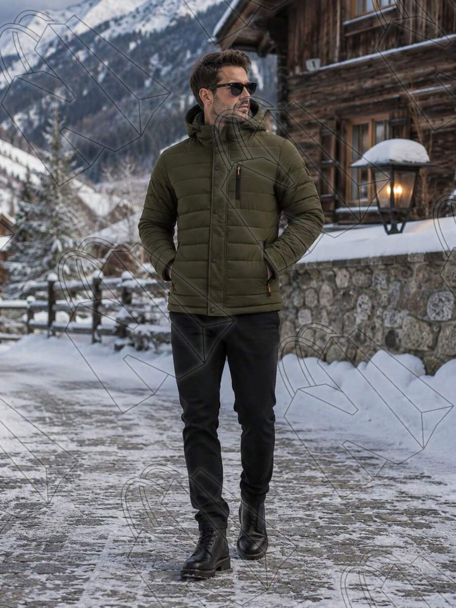 Men's Thermal And Lined Nylon Jacket With Removable Hood - Army Green - View 1