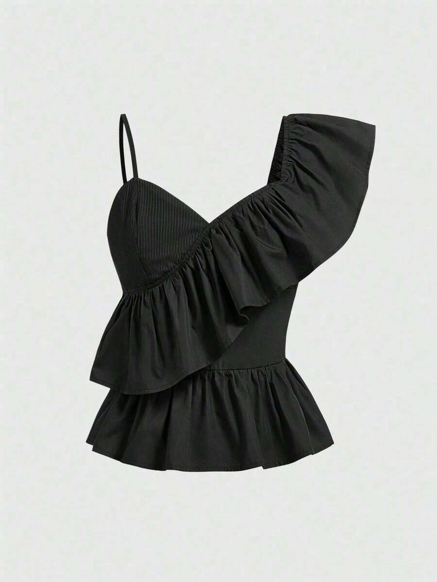 Kawaii Blusa con cuello asimétrico y ribete de volantes de moda Y2K para mujer - Negro - Ver 1
